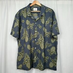 Mens Linen Cotton Hawaiian Shirt XL Short Sleeve Button Vacation Resort Hibiscus